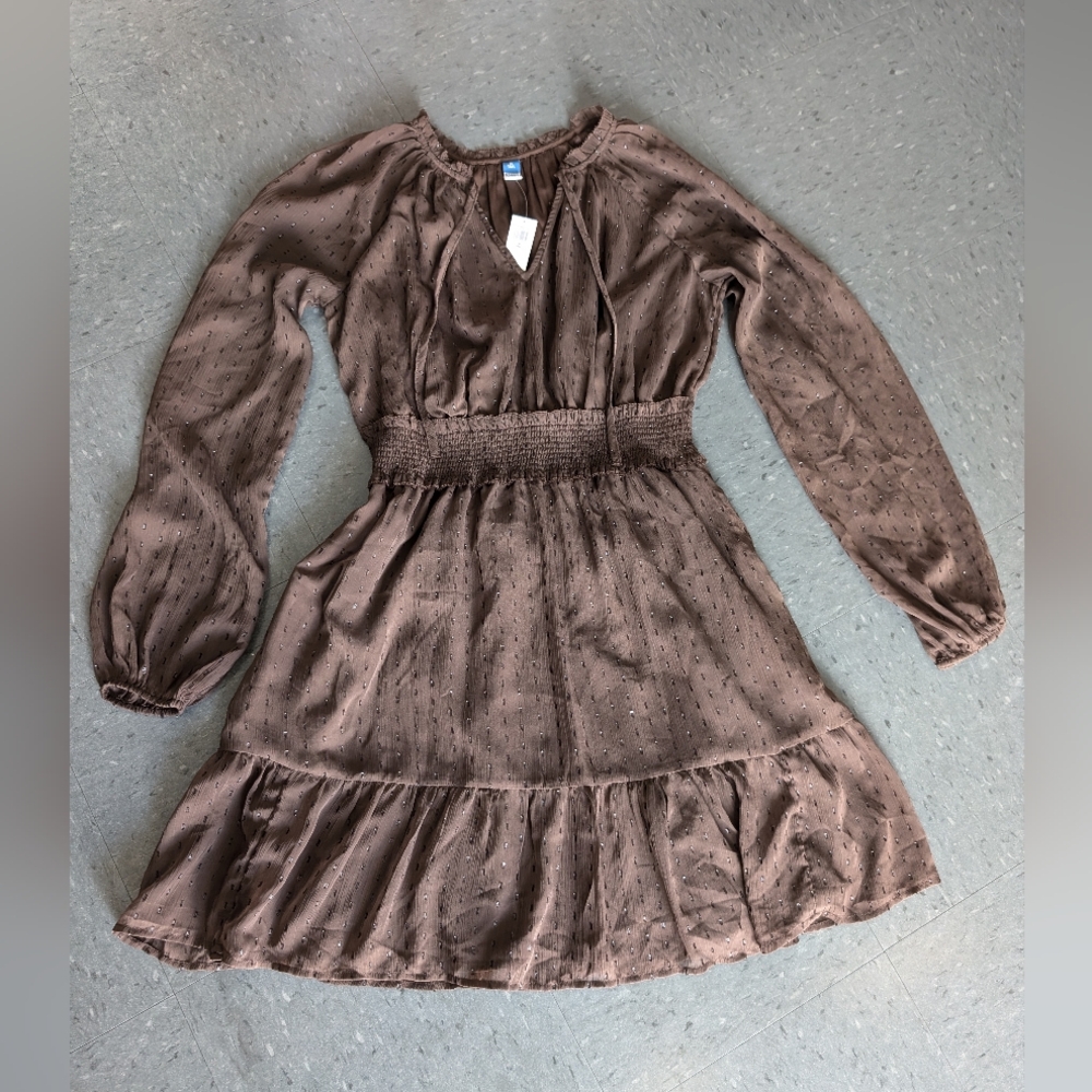Old Navy Dress Women's Medium Tall Brown Neck Long Sleeve Smocked Waist NWT